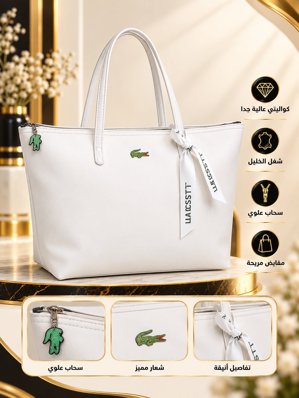 👜 شنطة كتف نسائية بيضاء واسعة بسحاب علوي – شغل الخليل ✨