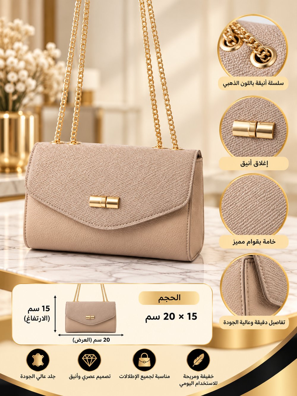 👜 شنطة يد نسائية أنيقة بسلسلة ذهبية – تصميم كلاسيكي فاخر ✨