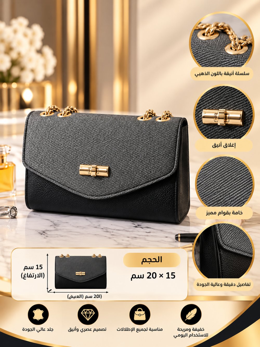 👜 شنطة يد نسائية سوداء أنيقة بسلسلة ذهبية – تصميم كلاسيكي فاخر ✨