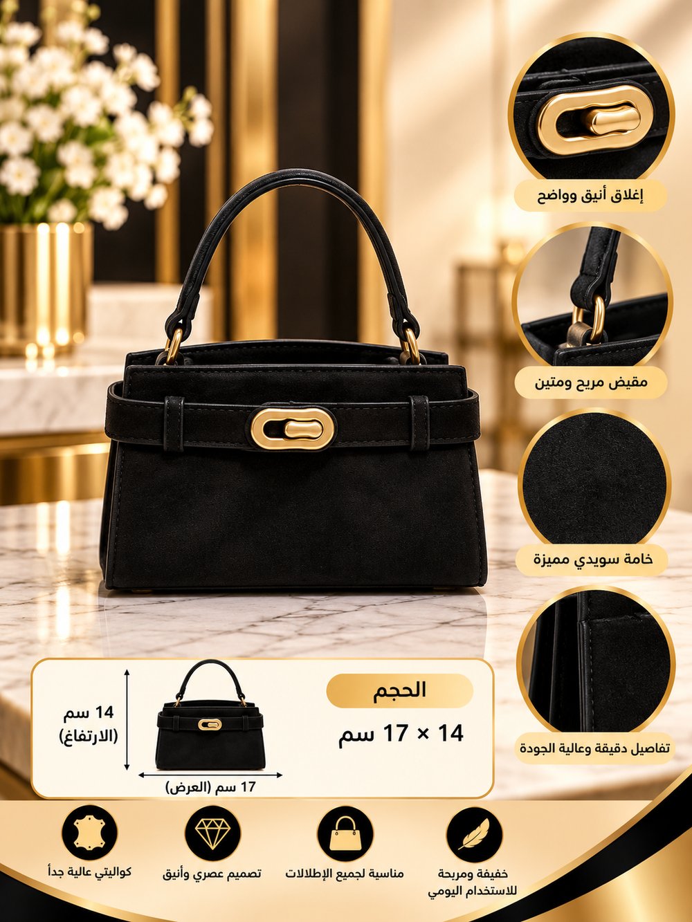 👜 شنطة يد نسائية سوداء سويدي بإغلاق ذهبي – تصميم أنيق وراقٍ ✨