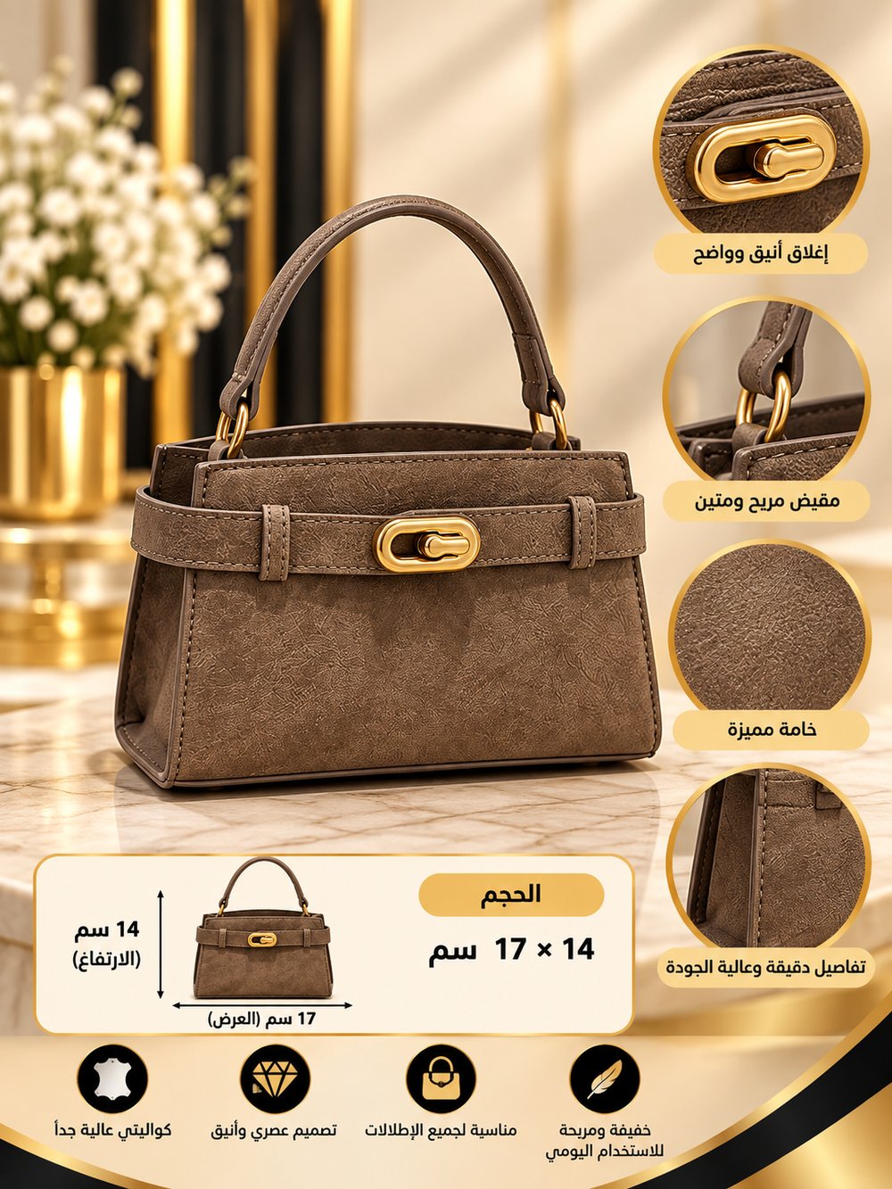 👜 شنطة يد نسائية بنية بإغلاق ذهبي – تصميم أنيق وراقٍ ✨