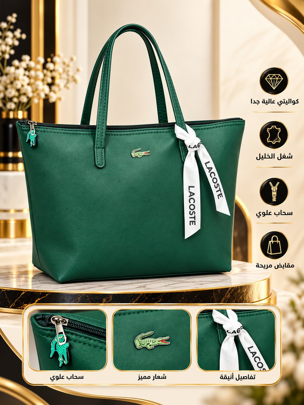 # 👜 شنطة كتف نسائية خضراء واسعة بسحاب علوي – شغل الخليل ✨
