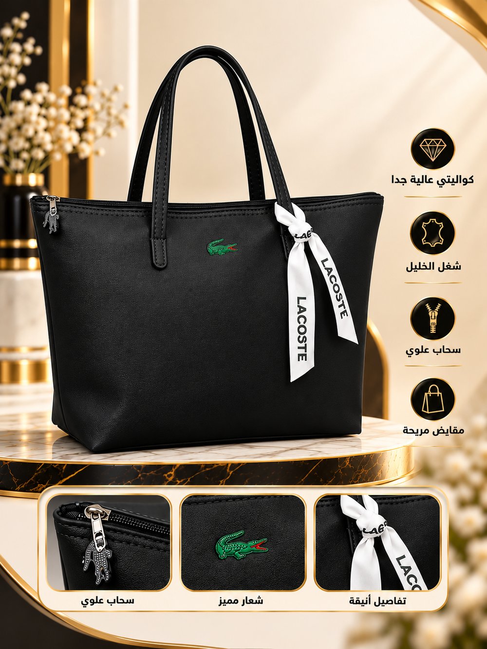 👜 شنطة كتف نسائية سوداء واسعة بسحاب علوي – شغل الخليل ✨