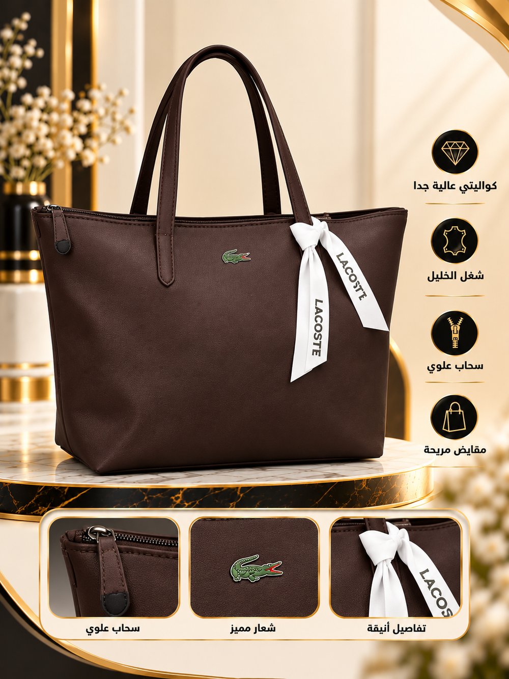👜 شنطة كتف نسائية بنية واسعة بسحاب علوي – شغل الخليل ✨