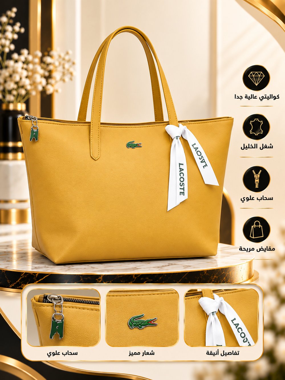 👜 شنطة كتف نسائية خردلية واسعة بسحاب علوي – شغل الخليل ✨