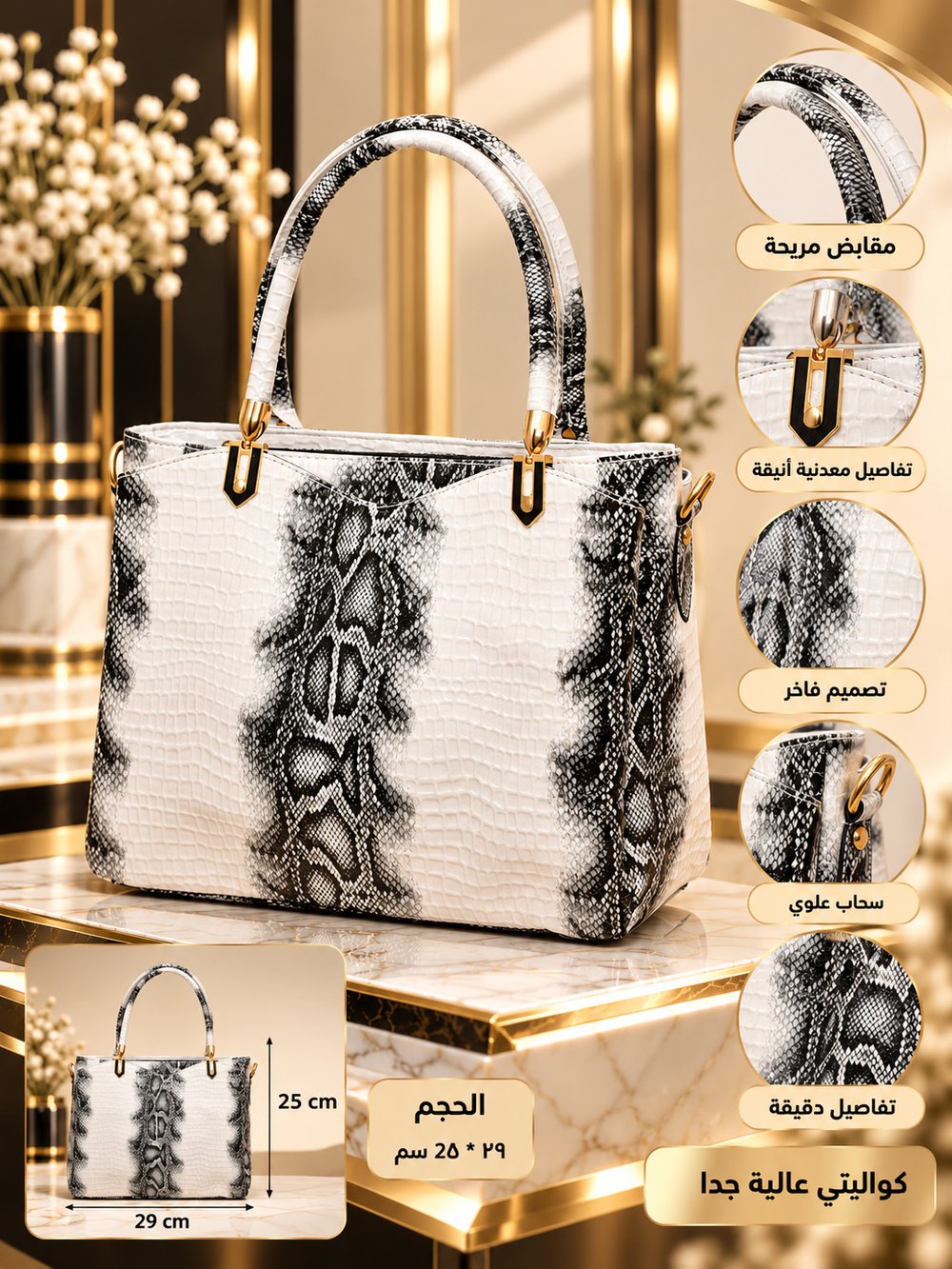 👜 شنطة يد نسائية بنقشة جلد الأفعى بالأبيض والأسود – تصميم فاخر ✨