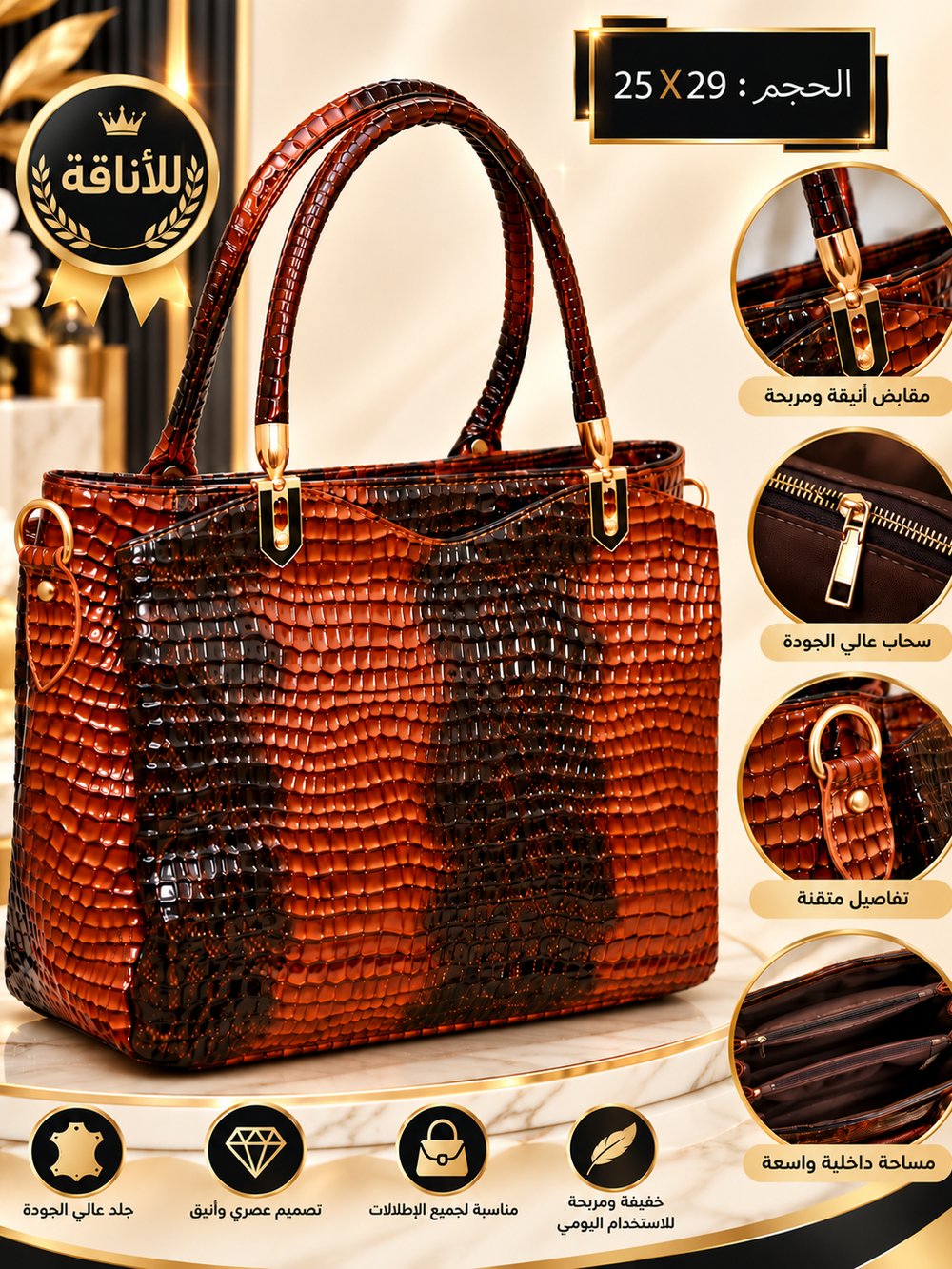 👜 شنطة يد نسائية بنقشة جلد التمساح اللامع – بني كراميل مع تفاصيل ذهبية – تصميم فاخر ✨