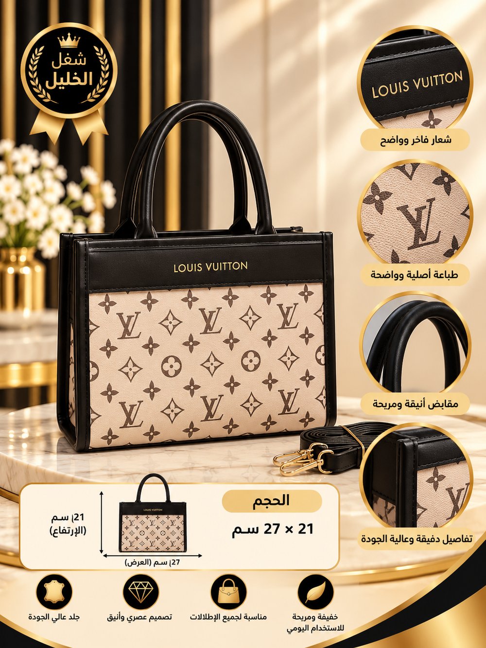 👜 شنطة يد نسائية بنقشة مونوغرام بيج وأسود – تصميم أنيق وفاخر – شغل الخليل ✨