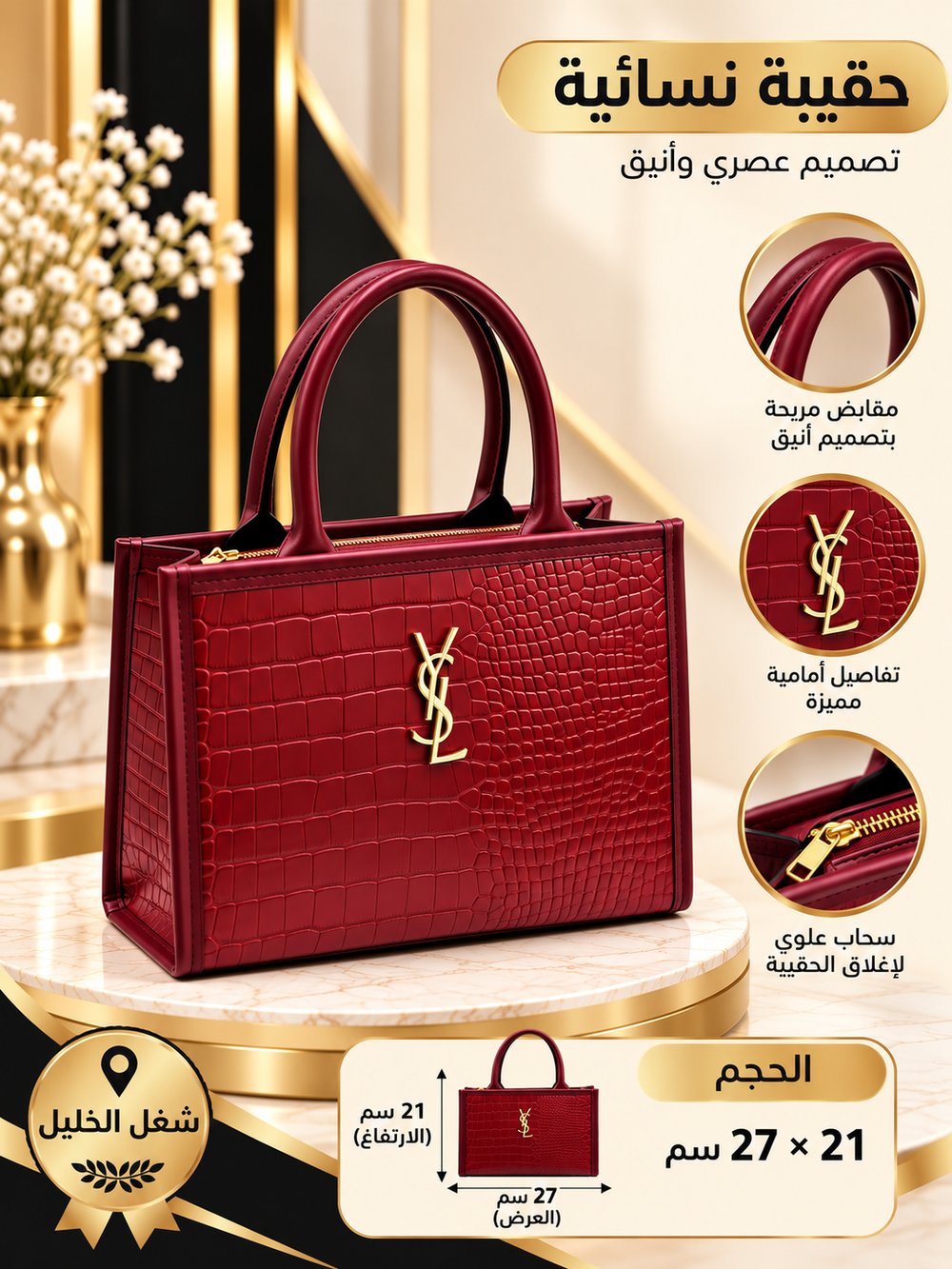 👜 حقيبة يد نسائية بوردي بنقشة جلد التمساح – شعار ذهبي وتصميم عصري وأنيق – شغل الخليل ✨