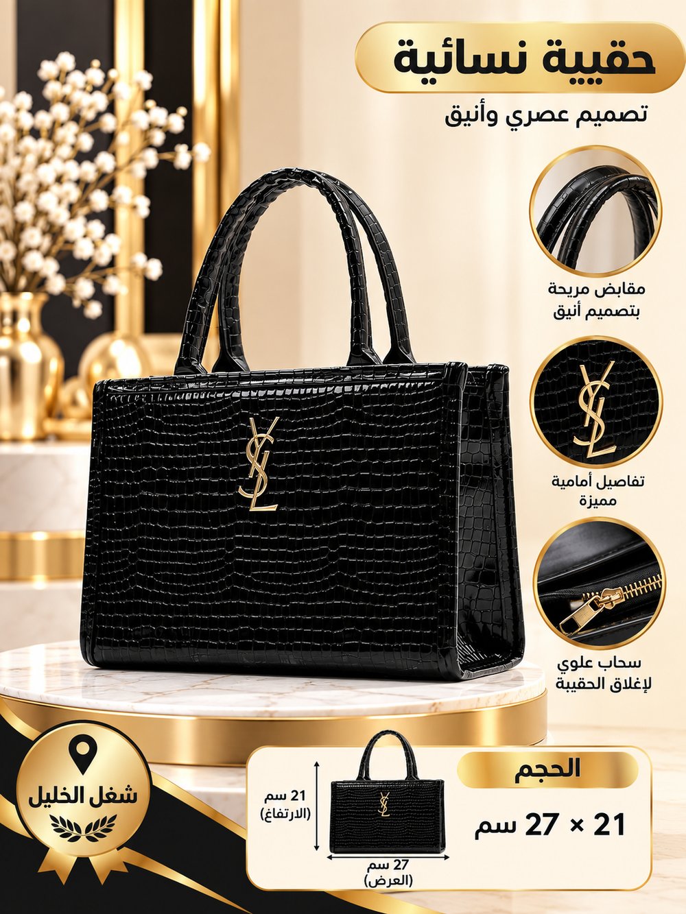 👜 حقيبة يد نسائية سوداء لامعة بنقشة جلد التمساح – شعار ذهبي وتصميم عصري وأنيق – شغل الخليل ✨