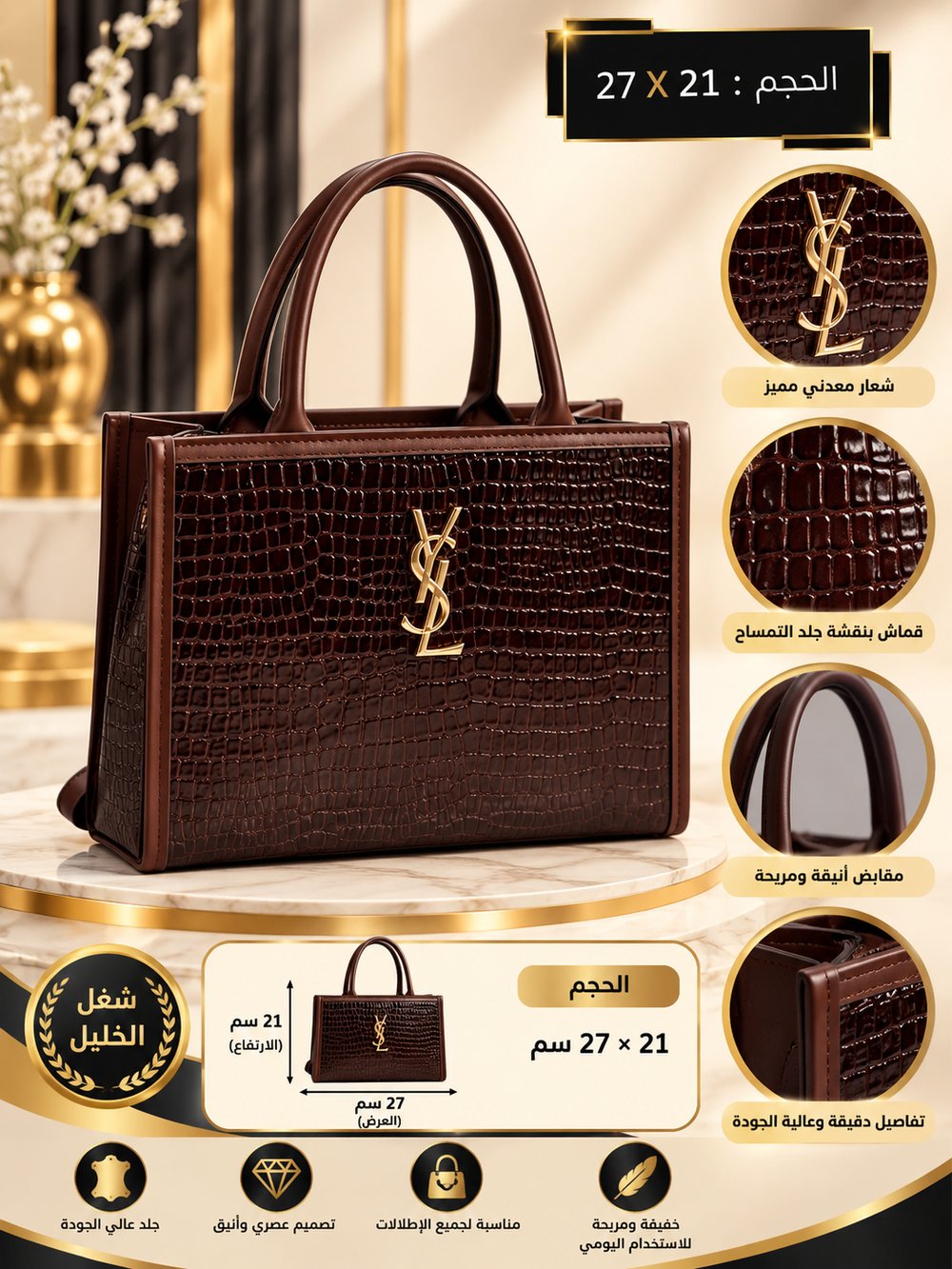 👜 حقيبة يد نسائية بنية غامقة بنقشة جلد التمساح – شعار ذهبي وتصميم عصري وأنيق – شغل الخليل ✨