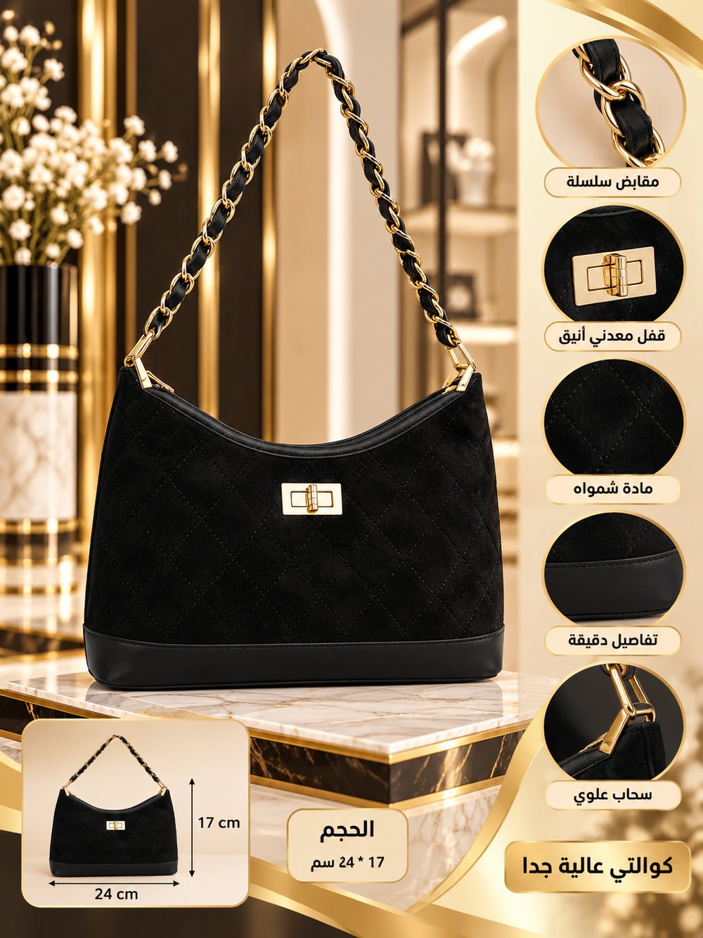 👜 شنطة كتف نسائية سوداء شمواه بمقبض سلسلة ذهبية – تصميم عصري وأنيق ✨