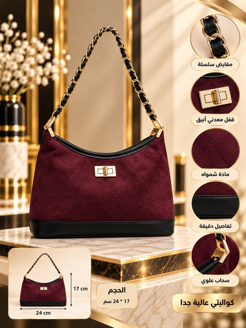 👜 شنطة كتف نسائية بوردو شمواه بمقبض سلسلة ذهبية – تصميم عصري وأنيق ✨