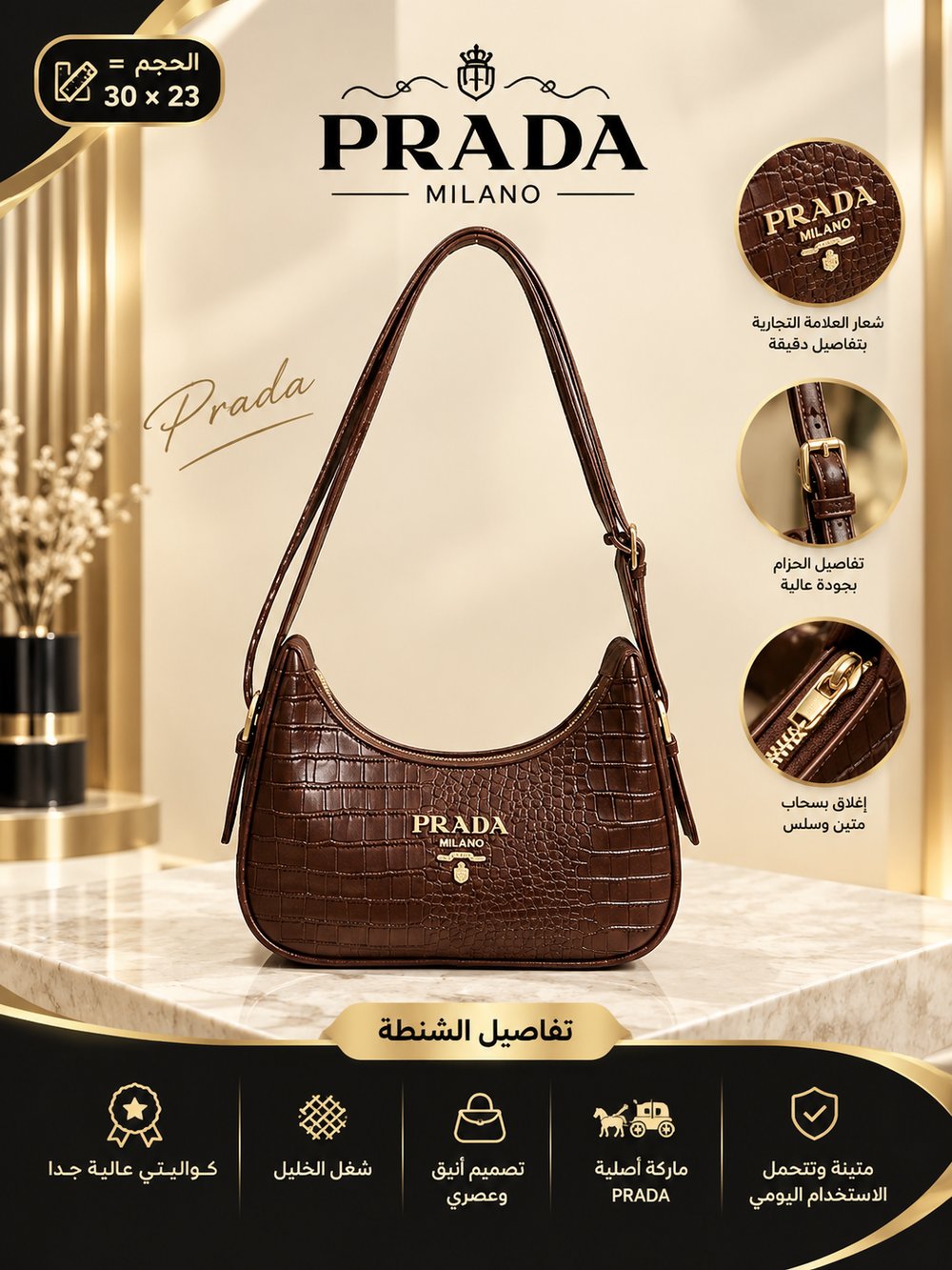 👜 شنطة كتف نسائية بنية بنقشة جلد التمساح – تصميم هلالي عصري وأنيق – شغل الخليل ✨