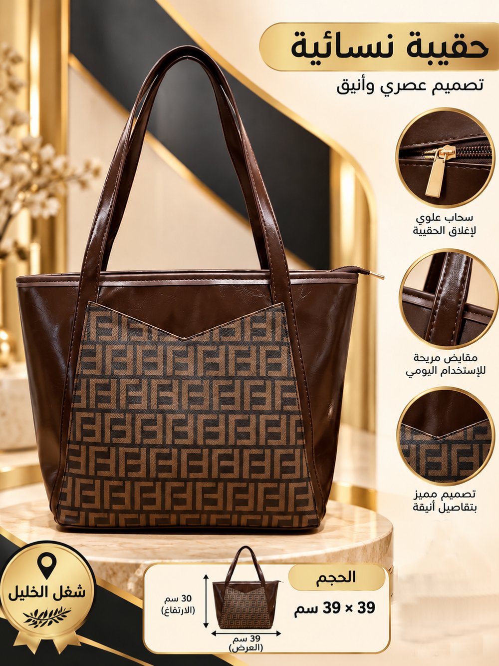 👜 حقيبة كتف نسائية بنية واسعة بجيب أمامي بنقشة مميزة – تصميم عصري وأنيق – شغل الخليل ✨