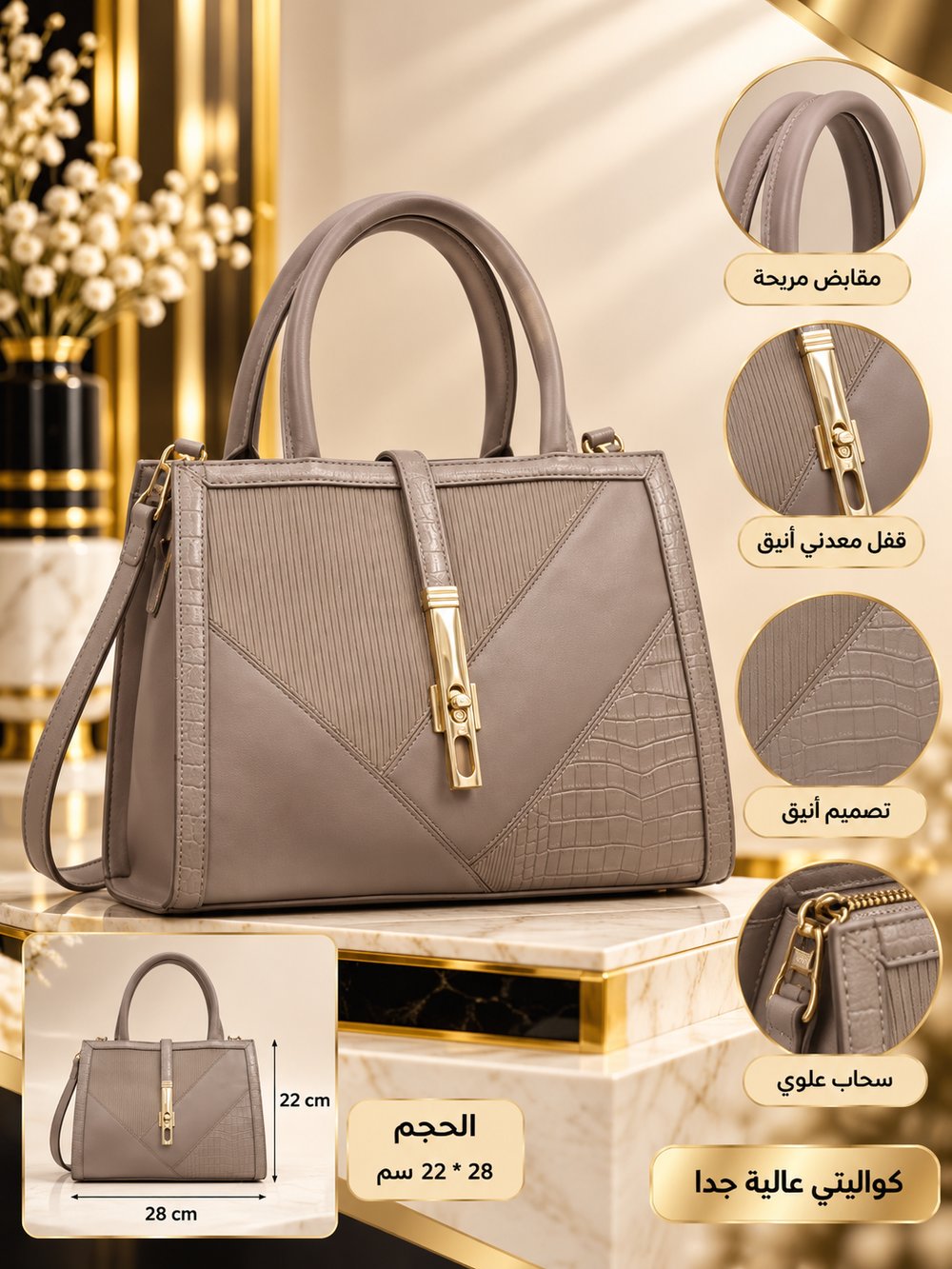 👜 شنطة يد نسائية بيج رمادي (توب) بقطع متداخلة ونقشات مميزة – قفل ذهبي مع حزام كتف – تصميم أنيق ✨