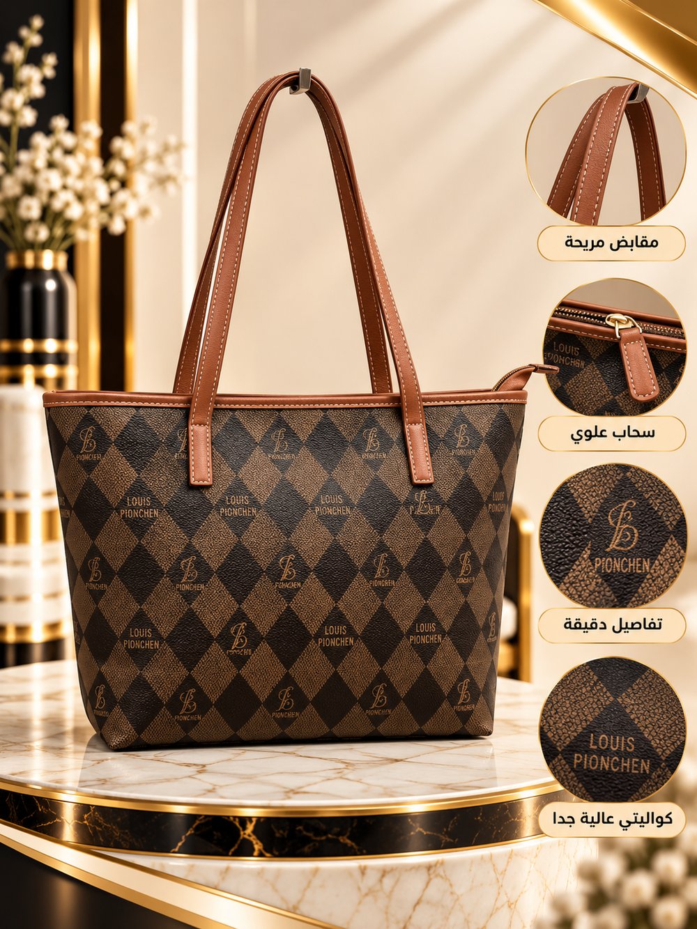👜 شنطة كتف نسائية بنية واسعة بنقشة معينات – مقابض كراميل مريحة وسحاب علوي – تصميم عصري وأنيق ✨